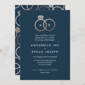 Modern Roos Gold Rings Navy bruiloft uitnodiging (Voorkant / Achterkant)