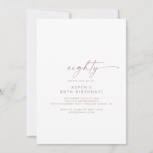 Modern Roos Gold Script 80th Birthday Party Kaart (Voorkant)