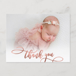 Modern Roos Gold Script Nieuwe Baby foto dank u Briefkaart