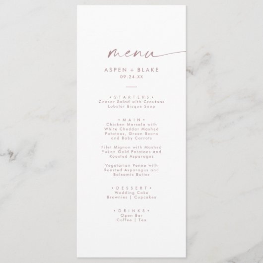 Modern Roos Gold Script Weddenrenmenu Menu (Voorkant)