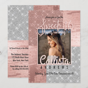 Modern Roos Gold Silver Glitter Foto Sweet 16 Kaart