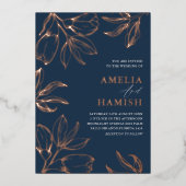 Modern Roos Goud & Blauw Bloemen Bruiloft Folie Uitnodiging (Voorkant)