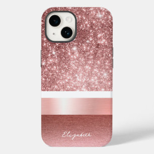 Modern Roos Goud Blush Folie Faux Glitter Monogram Case-Mate iPhone 14 Hoesje