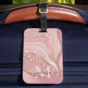 Modern Roos Goud Chique Glitter Monogram Bagagelabel