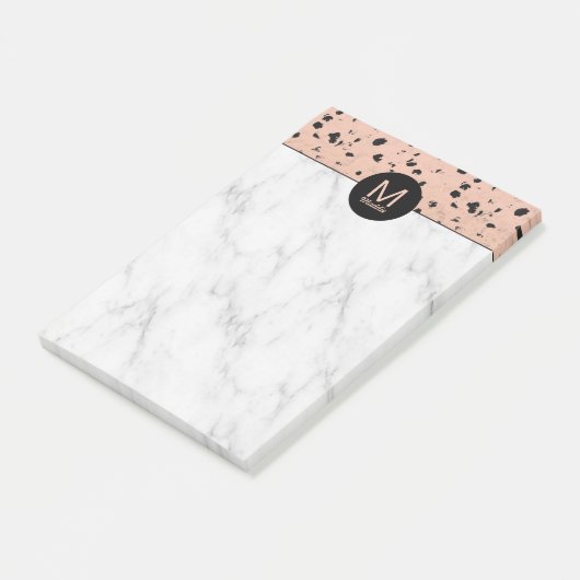 Modern Roos Goud en Marmeren Patroon met Monogram Post-it® Notes (Schuin)