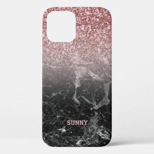 Modern Roos-goud Faux Glitter & Black Marble Ombre iPhone 12 Hoesje