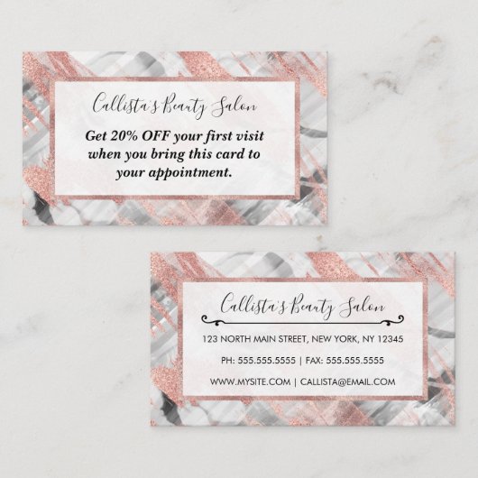 Modern Roos Goud Zwart Wit Brushstrokes Kortingskaartje (Voorkant / Achterkant)