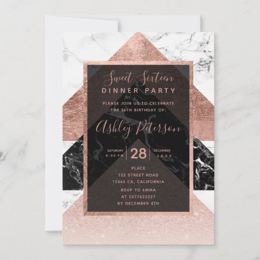 Modern roos goud zwart wit marmer Sweet 16 Kaart (Voorkant)