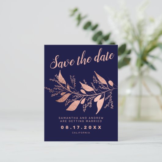 Modern roos goudblauw marineblauw sparen de datum  aankondigingskaart (Staand voorkant)