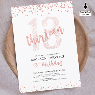Modern Roos Gouden Glitter Confetti 13e Verjaardag Kaart