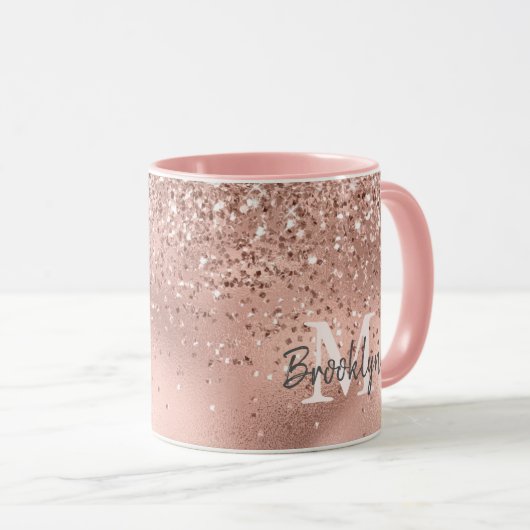 Modern Roos Gouden Glitter Confetti Monogrammed Mok (Voorkant rechts)