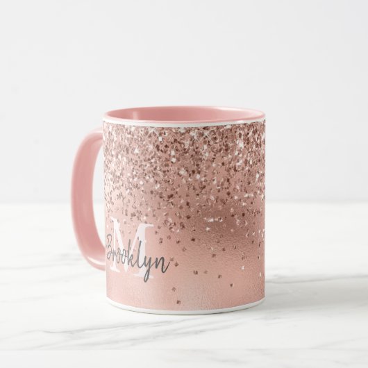Modern Roos Gouden Glitter Confetti Monogrammed Mok (Voorkant links)