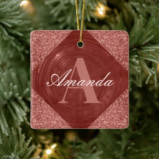 Modern Roos Gouden Glitter Girly Monogram Keramisch Ornament (Boom)