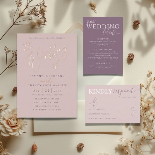 Modern Roos Gouden Kalligrafie Bruiloft Folie Uitnodiging