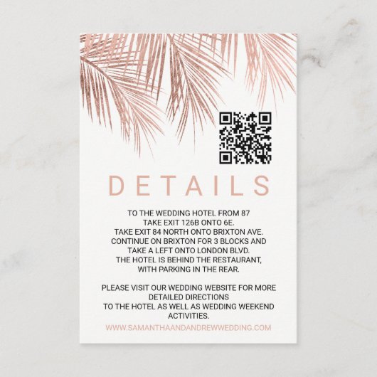 Modern roos gouden palmboom Qr code bruiloft detai Informatiekaartje (Voorkant)