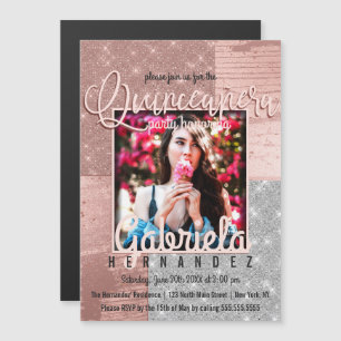 Modern Roos Gouden Zilveren Glitter Foto Quinceañe Magnetische Uitnodiging