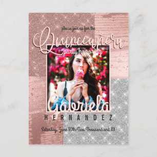 Modern Roos Gouden Zilveren Glitter Foto Quinceañe Uitnodiging Briefkaart