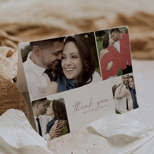 Modern Roos script 4 Foto collage vouded Wedding Bedankkaart