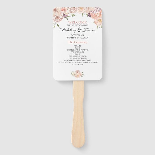 Modern Roos Wit Bloemen Huwelijk Programma Handwaaier (Voorkant)