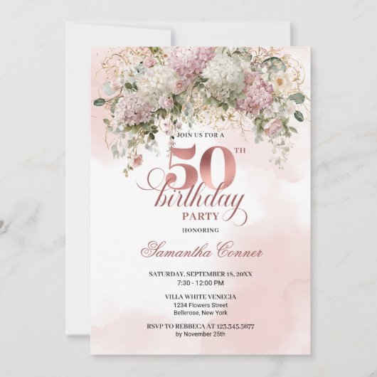 Modern Rose Gold Blush Flowers 50th Birthday   Kaart (Voorkant)