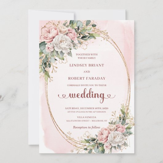 Modern Rose Gold Blush Greenery Wedding Invitation (Devant)