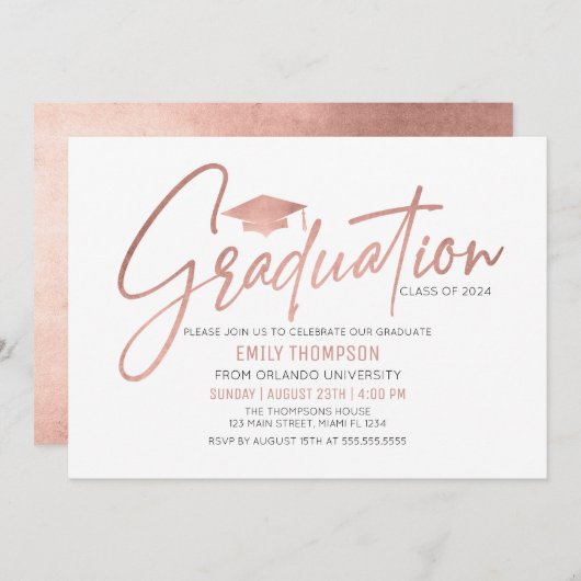 Modern Rose Gold  Graduation Invitation (Devant / Derrière)