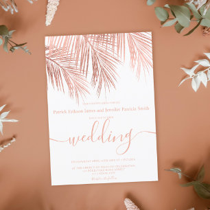 Modern rose gold palm tree elegant script wedding kaart