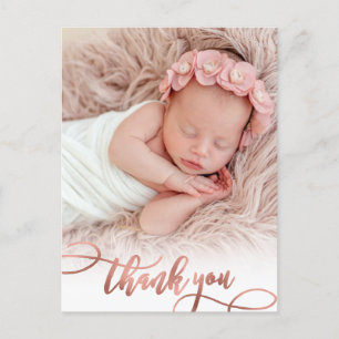 Modern Rose Gold Script Baby Girl Photo Thank You Briefkaart