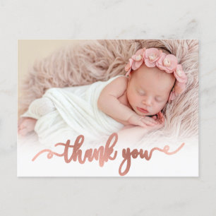 Modern Rose Gold Script Baby Girl Photo Thank You Briefkaart