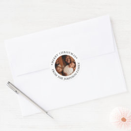 Modern Round Photo Merry Christmas Greeting Family Ronde Sticker