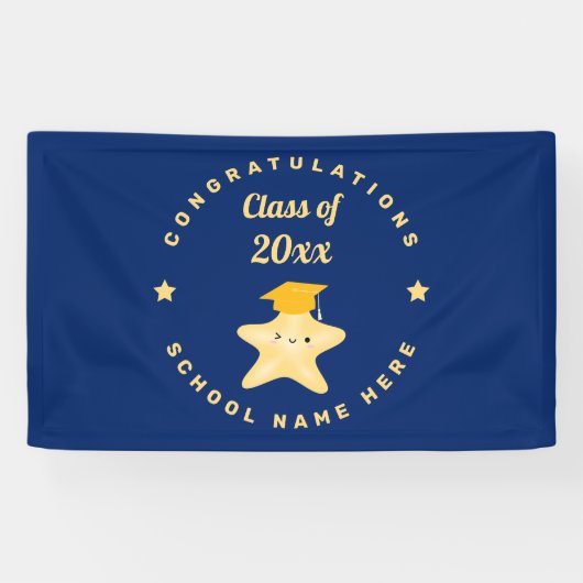 Modern Royal Blue en Gold Afstuderen Star Spandoek (Horizontaal)