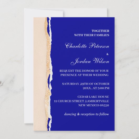 Modern Royal Blue en Roos Gold Wedding Kaart (Voorkant)