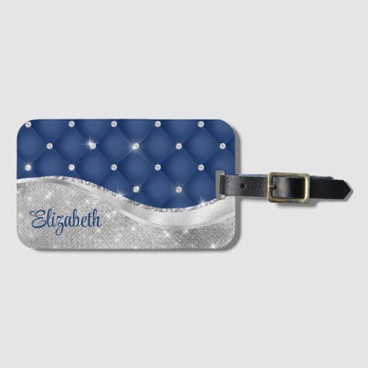 Modern Royal Blue en Silver Glitter Monogram Bagagelabel (Voorkant (horizontaal))