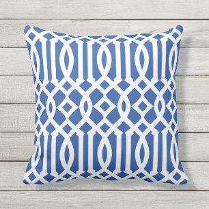 Modern Royal Blue en White Trellis Pattern Buitenkussen