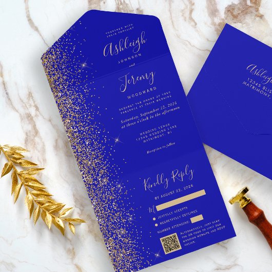 Modern Royal Blue Glitter QR Code Weddenschap All In One Uitnodiging