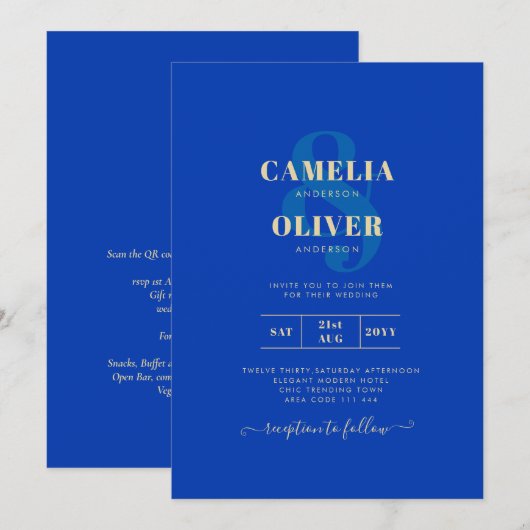 Modern Royal Blue Monochrome Wedding INVITE Kaart (Voorkant / Achterkant)