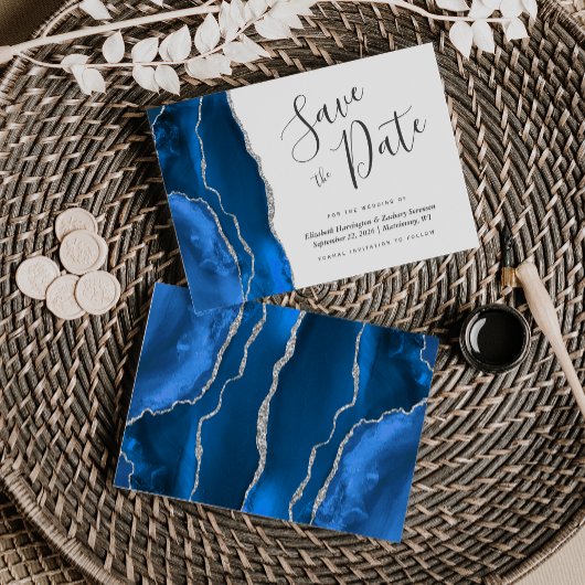 Modern Royal Blue Silver Agaat Save the Date Kaart