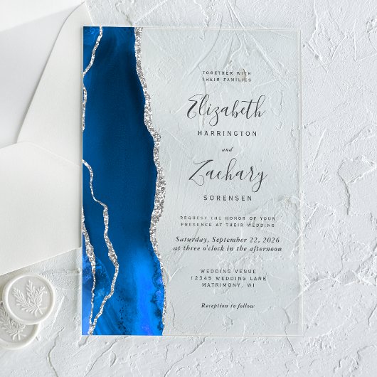 Modern Royal Blue Silver Agate Wedding Acryl Uitnodigingen