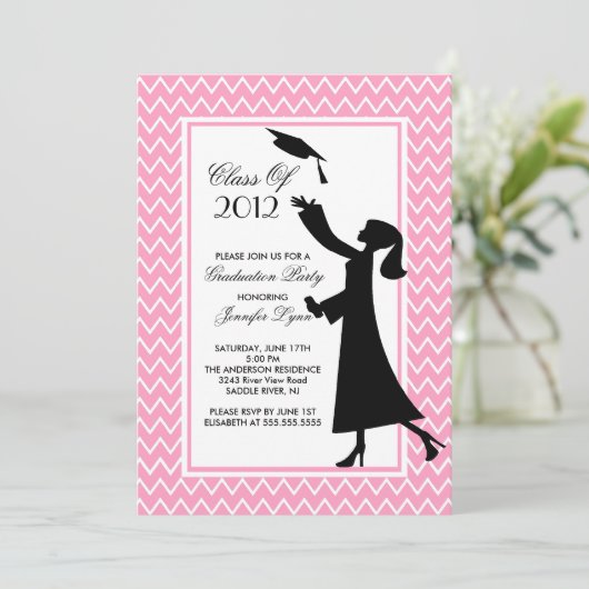 Modern roze Afstuderen Invitation Silhouette Afstu Kaart (Staand voorkant)