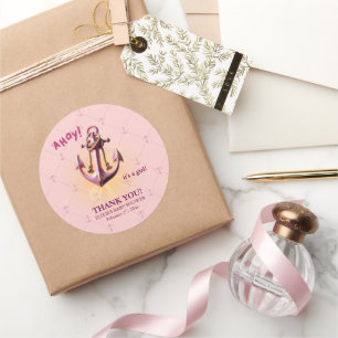 Modern roze Ahoy! Nautisch Baby shower voor anker Ronde Sticker