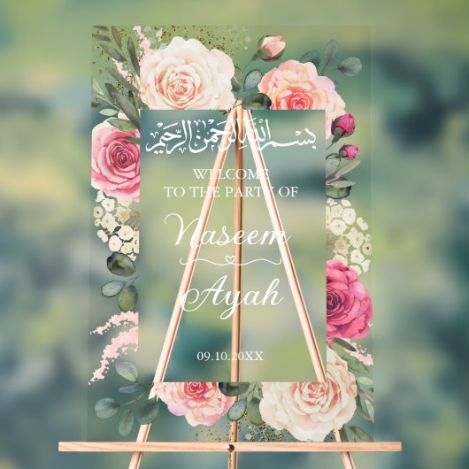 Modern roze bloemig moslim islamitisch welkom acryl bord (Neutraal)