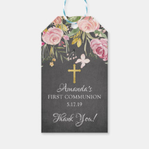 Modern roze bloemige eerste communie gunst cadeau  cadeaulabel