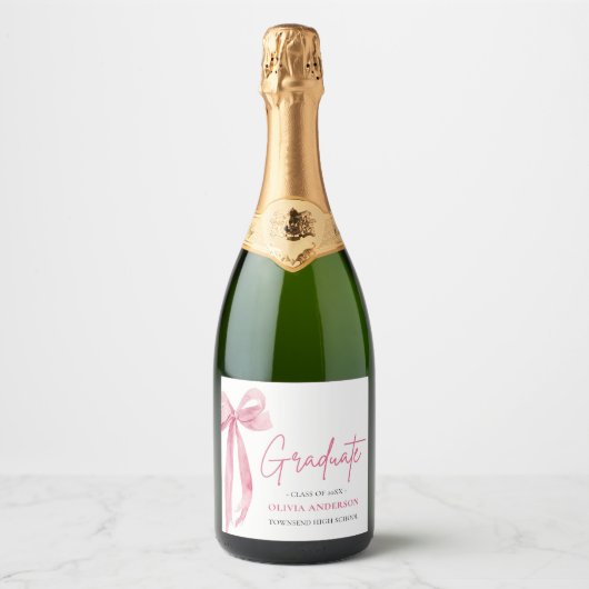 Modern Roze Bow Coquette Afstuderen Afstuderen Sparkling Wijnetiket (Voorkant)
