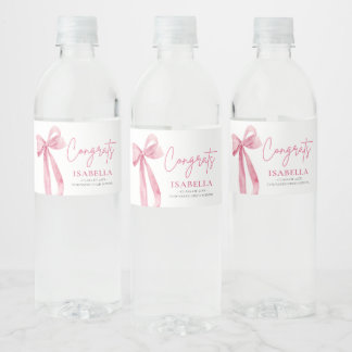 Modern Roze Bow Coquette Afstuderen Afstuderen Waterfles Etiket
