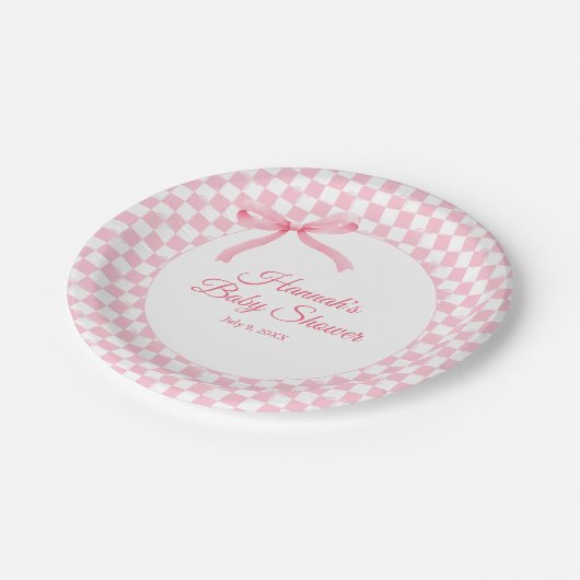 Modern Roze Bow Geruite Baby showers papieren Bord (Gekanteld)