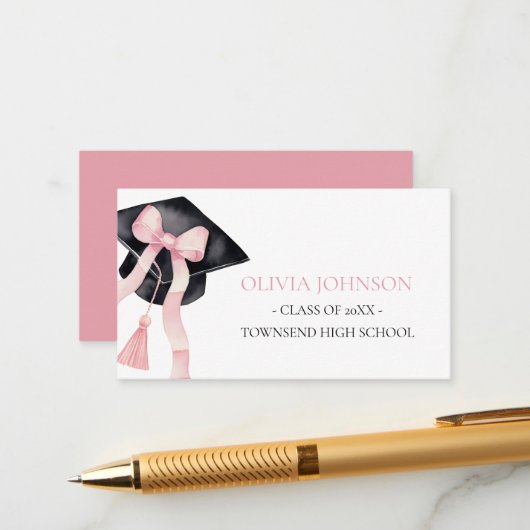 Modern Roze Bow Graduation Cap Insert Naam Kaart (Voorkant / Achterkant in situ)