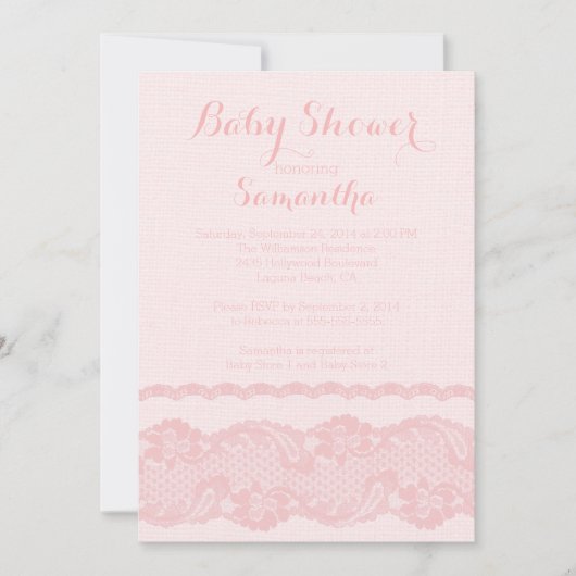 Modern Roze Burlap & Kant Baby shower Invitation Kaart (Voorkant)