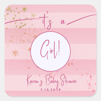 Modern Roze Cabana Stripes & Gold Stars Girl Baby Vierkante Sticker