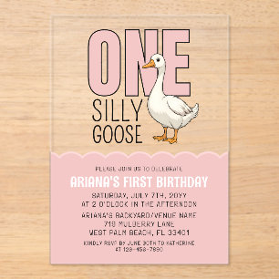 Modern Roze Een Gekke Gans 1e Verjaardagsfeest Acryl Uitnodigingen
