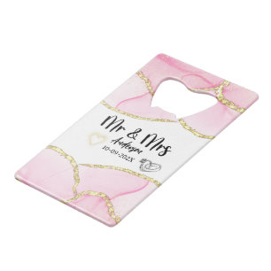 Modern roze en goud meneer en mevrouw. kredietkaart flessenopener